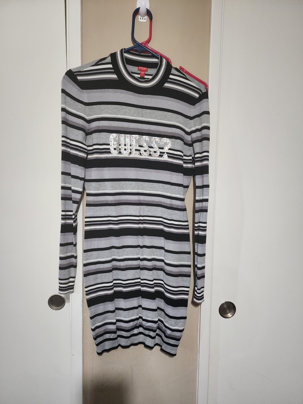 GUESS Black & Gray Striped Long Sleeve Knit Dress with Logo
